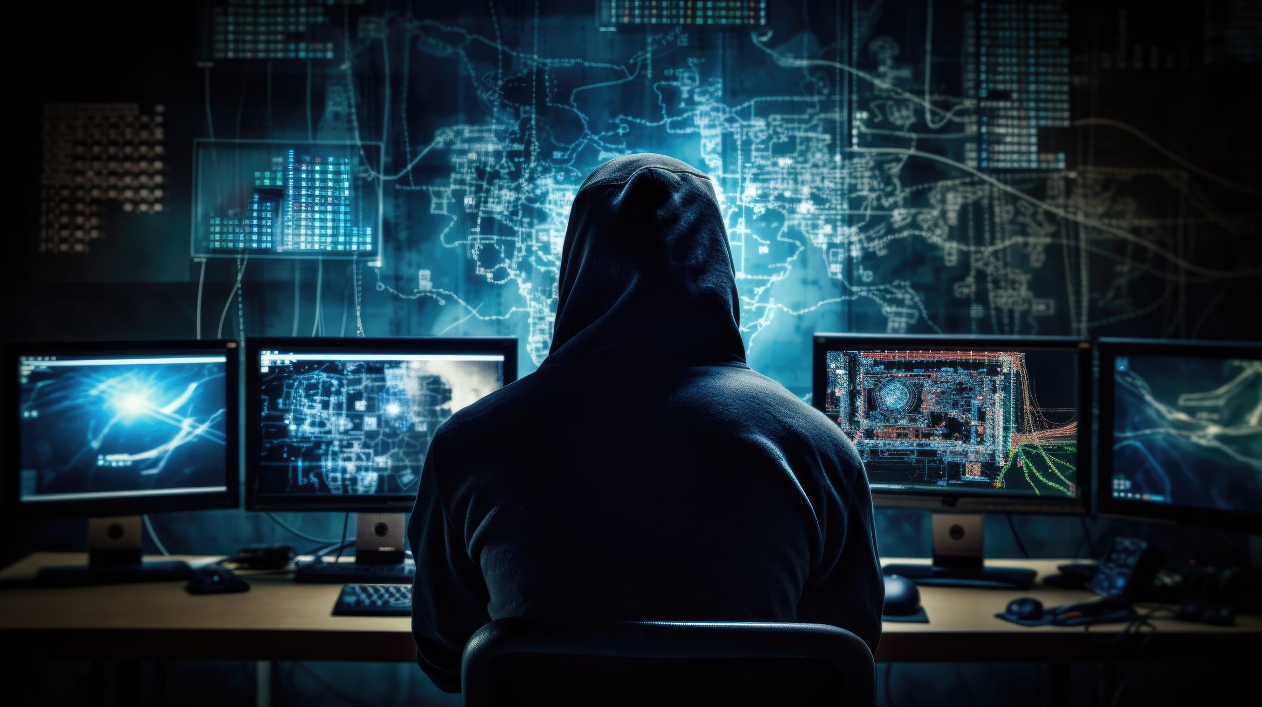 Hacker in front of computer screens