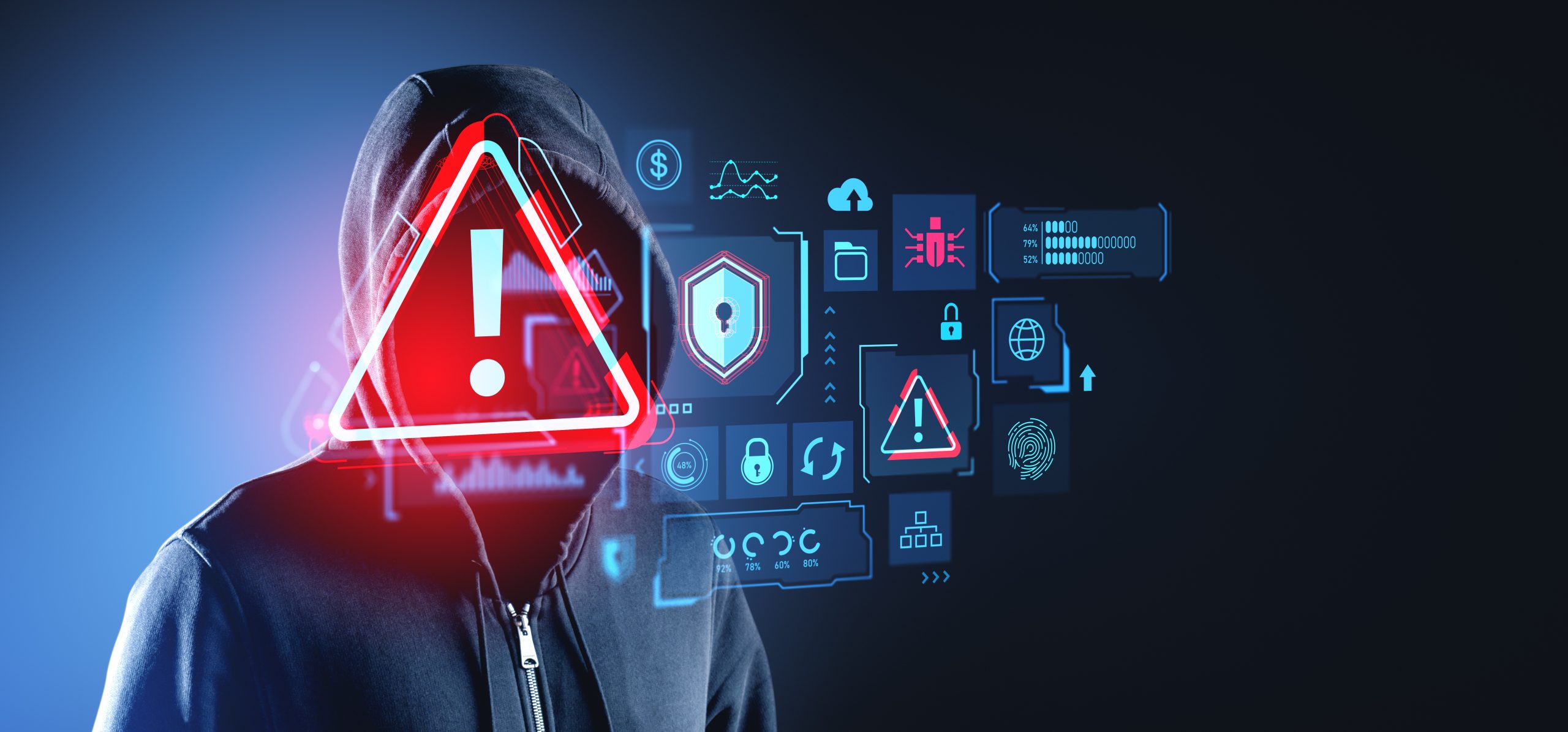 Hacker attack system warning sign, bug virus and cyber crime