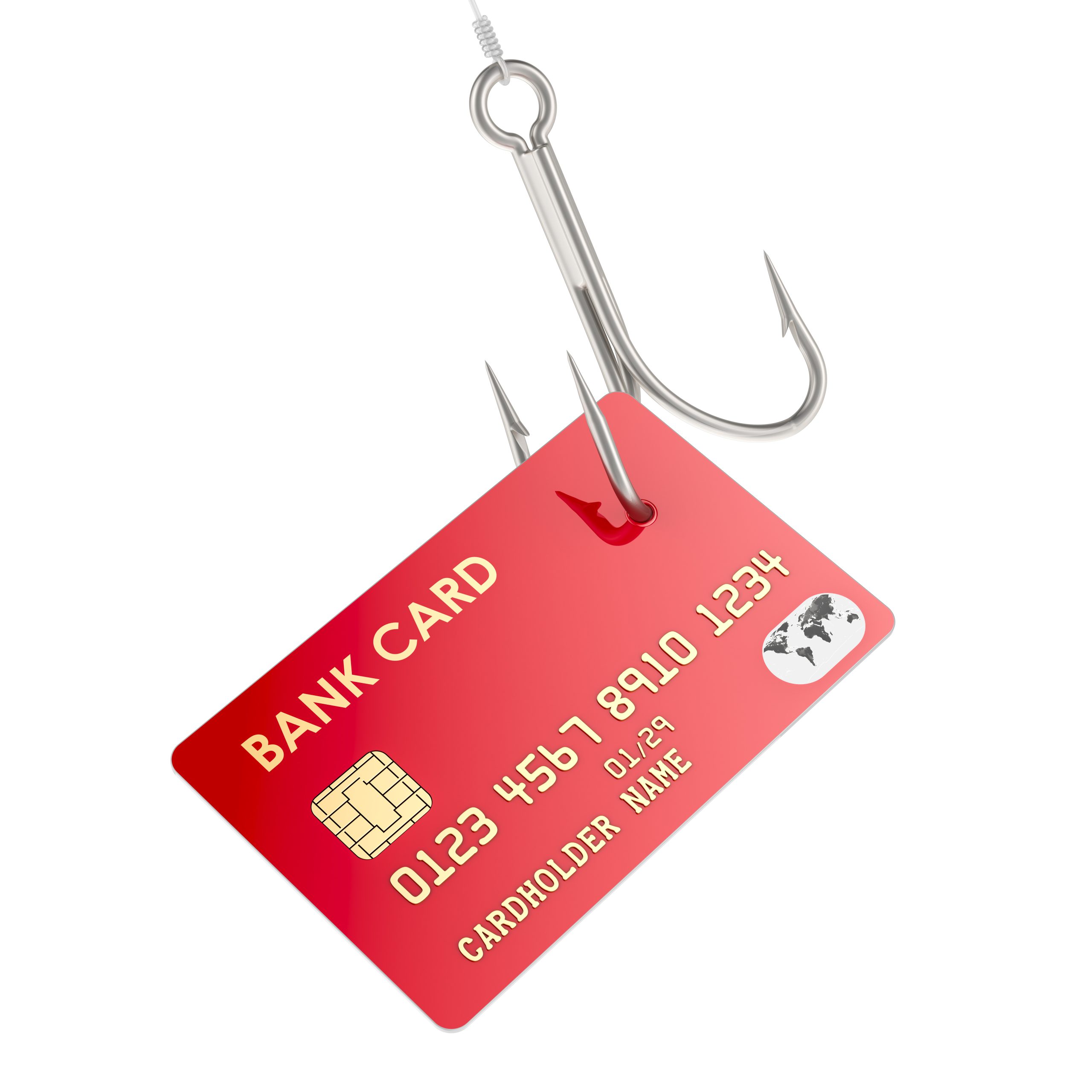 Phishing, concept. Credit bank card on the hook, 3D rendering isolated on transparent background