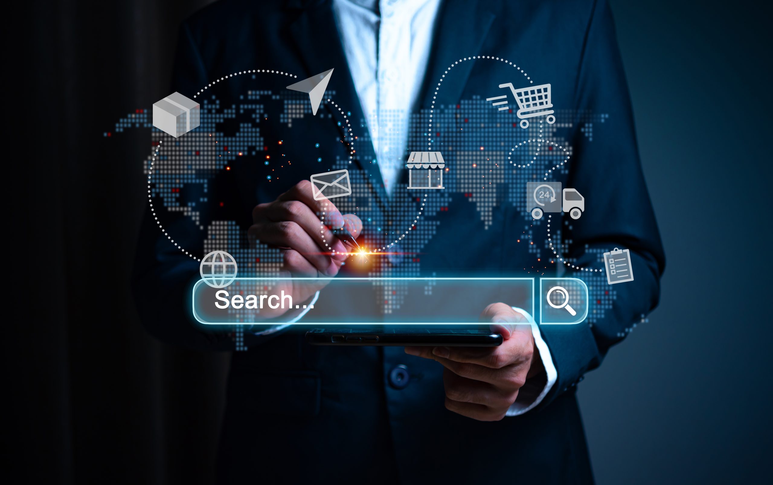 The business concept leverages digital marketing, online commerce, and AI technology. A businessman uses a laptop to plan digital marketing campaigns across digital channels including search engines.